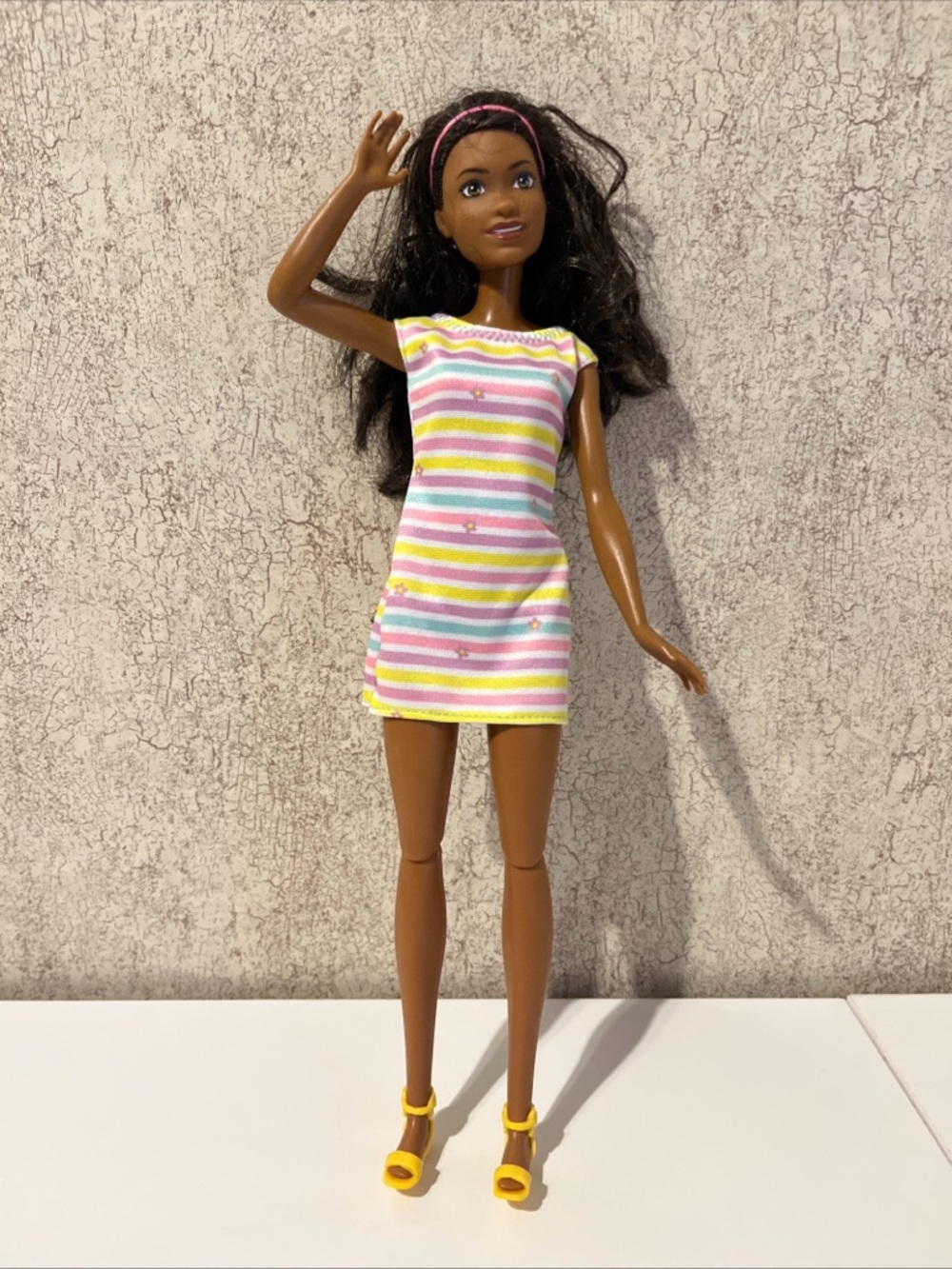 Mattel Barbie African American Articulated Pink Headband Mini Dress Yellow Heels